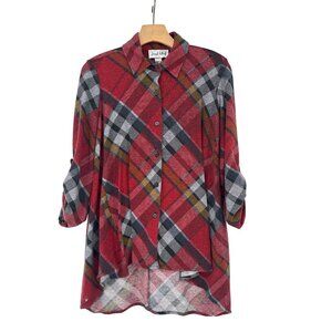 Joseph Ribkoff Plaid Button-Up Shirt tunic size 10 Red 3/4 roll tab sleeve